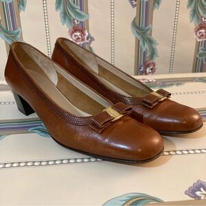 Ferragamo Botique Brown Leather Block Heel Shoes